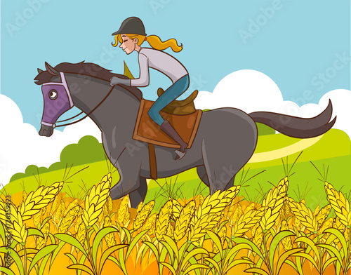 Vector Illustration of equestrian sport training horseback ride.person riding horses