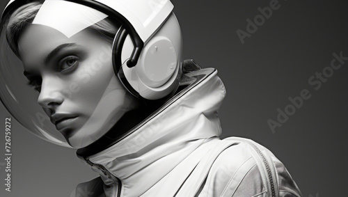 Stylish portrait of a female astronaut in monochrome style