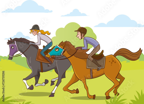 Vector Illustration of equestrian sport training horseback ride.person riding horses