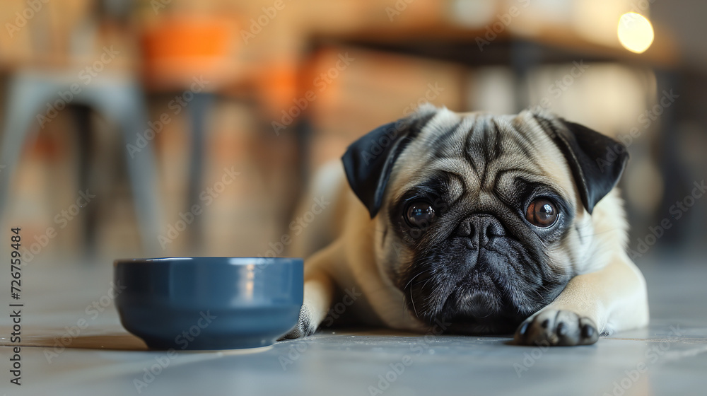 Portrait of a pug in a funny pose on a gray kitchen floor near a bowl Portrait of a pug in a funny pose on a gray kitchen floor near a bowl