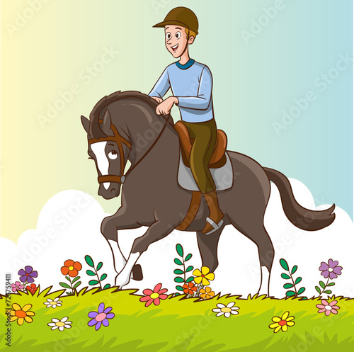 Vector Illustration of equestrian sport training horseback ride.person riding horses