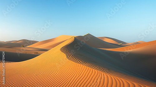 Photograph a serene desert landscape at sunrise, showcasing the play of light and shadows on the sand dunes © Nate