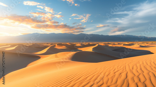 Photograph a serene desert landscape at sunrise  showcasing the play of light and shadows on the sand dunes