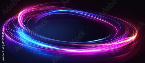 Circular light neon color frame glowing on border dynamic lines black background. AI generated image