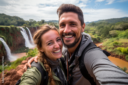 selfie of tourist couple on vacation with the waterfalls in the background. Iguazu waterfalls. Generative AI