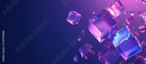 3d rendering crystal cube blocks with holographic purple color background. AI generated image