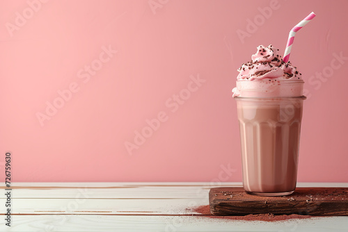Summer cold fresh milk cocktail of cacao in jars with straw, silver lid on white wood board and cute soft pastel pink wall, copy space