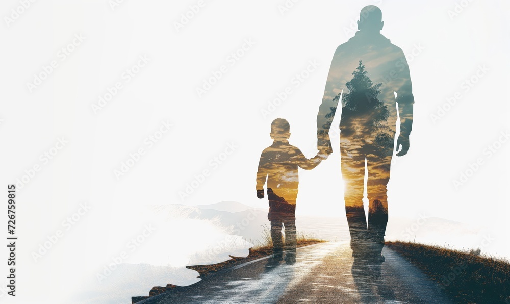 Silhouettes of man and boy holding hands and walking on a journey ...