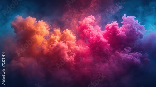  a colorful cloud of smoke floating in the air on a blue  pink  and purple background with a dark sky in the background.
