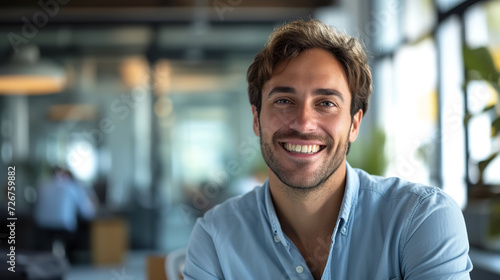 young business man, smile look to the camera, at office