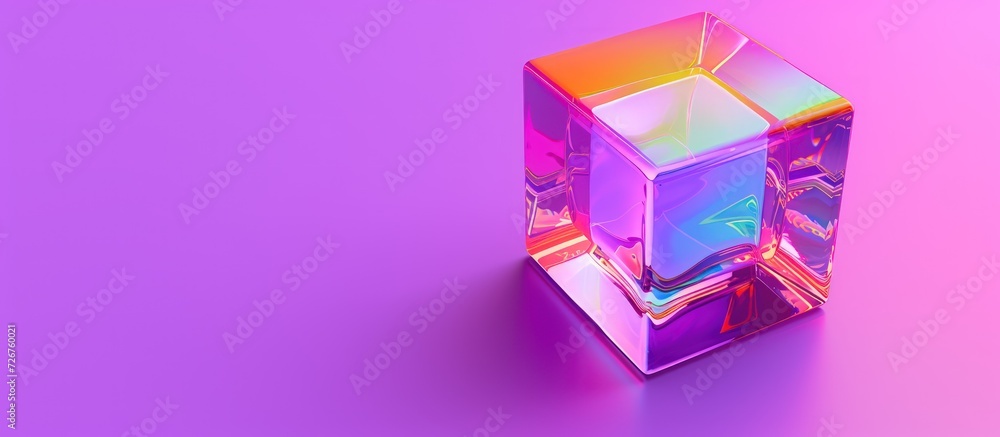 Crystal cube in rainbow holographic gradient color texture on purple background. AI generated image Crystal cube in rainbow holographic gradient color texture on purple background. AI generated image