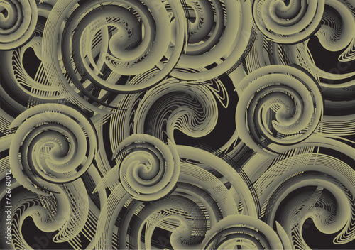 Vortex dark background for fabrics or interior solutions. Printable texture from helical elements for business concepts, textiles, prints, fashion trends, covers, scrapbooking or tiles, etc. Vector