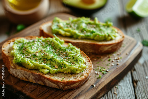 Smashed avocado sandwich with flowing yolk and basil leaves. Tasty avocado toasts on wooden board. Avocado Toast for breakfast or lunch with rye bread, pumpkin seeds. Vegetarian food. Clean eating.
