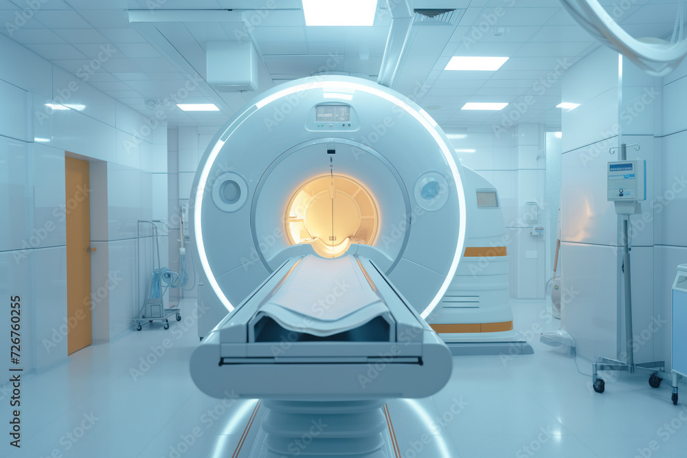 MRI magnetic resonance scanner in medical computed tomography room. Generative AI - obrazy, fototapety, plakaty 