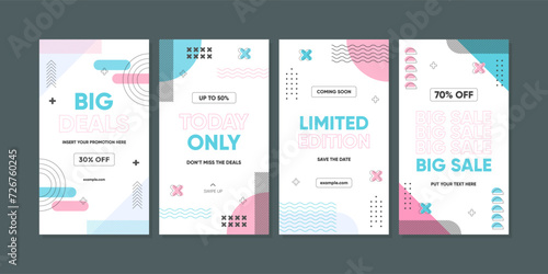 Abstract Colorful Memphis Background. Trendy geometric abstract template for social media post or advertisement. Sale banner template design, Super sale special offer set.