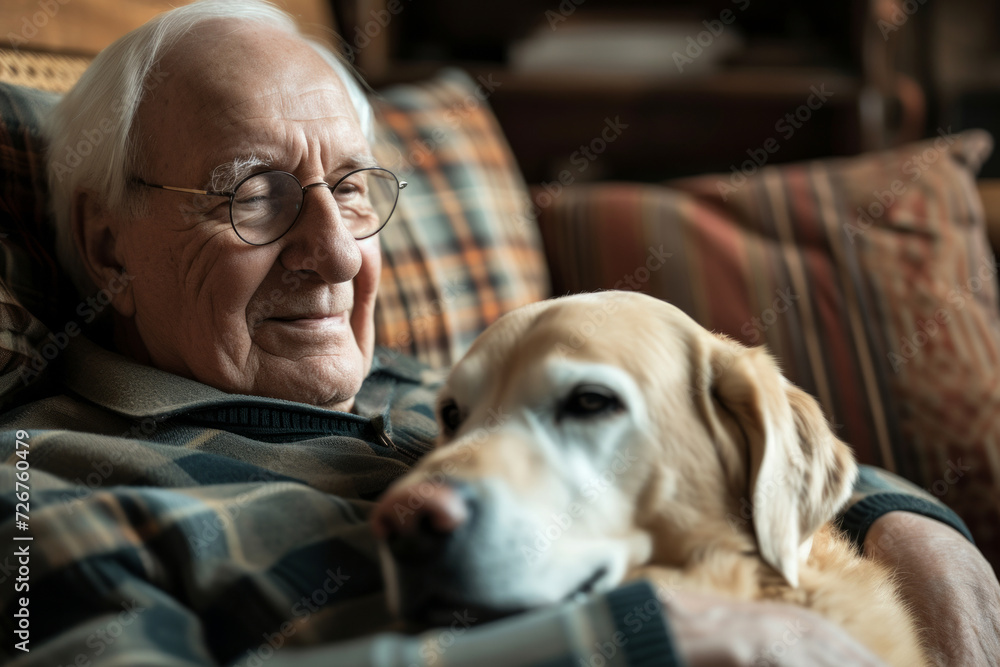 Old pensioner sleeping with his dog on his lap. Retired man sleeping ...