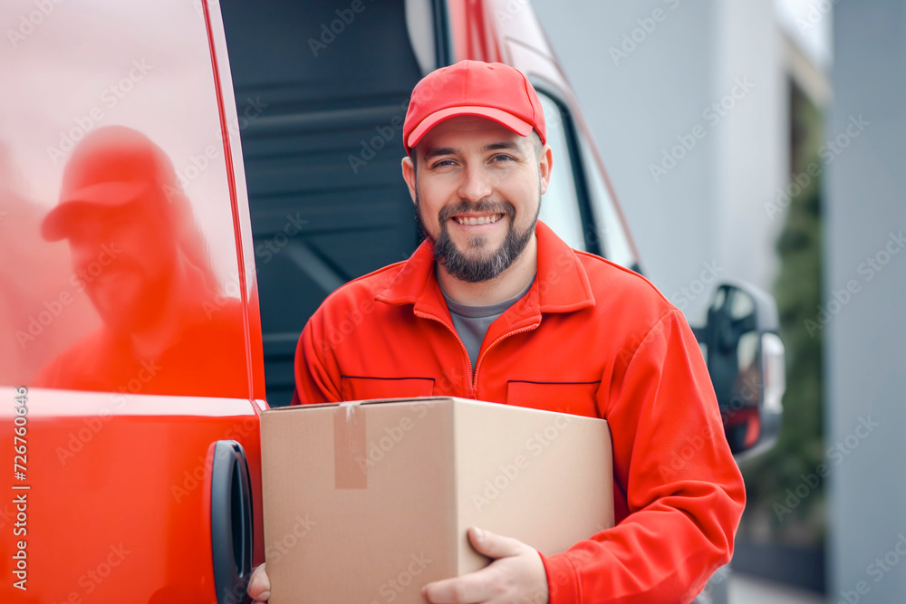 Delivery courier service. Delivery man in red cap and uniform holding a cardboard box near a van truck delivering to customer home. Smiling man postal delivery man delivering a package Delivery courier service. Delivery man in red cap and uniform holding a cardboard box near a van truck delivering to customer home. Smiling man postal delivery man delivering a package