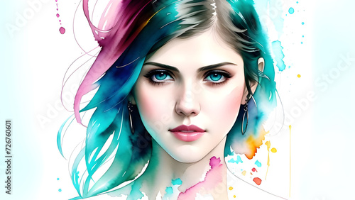 Abstract color paint, portrait of girl oil painting. Modern art, Beauty portrait of a young female model. Fashion illustration artwork, paint lady - woman face with colorfull flowers © iLegal Tech