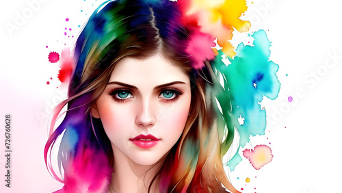 Abstract color paint, portrait of girl oil painting. Modern art, Beauty portrait of a young female model. Fashion illustration artwork, paint lady - woman face with colorfull flowers