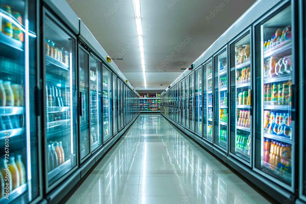 Empty supermarket aisle with refrigerators Empty supermarket aisle with refrigerators