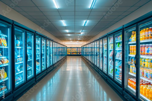 Empty supermarket aisle with refrigerators photo