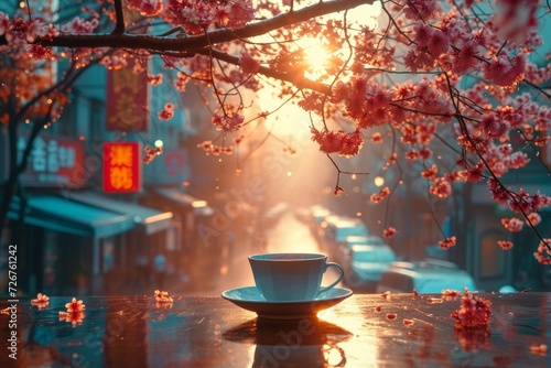 A serene moment captured in a single frame - the warm glow of sunlight filtering through the delicate petals of a flower, as a solitary cup of coffee rests on a table beneath a sprawling tree branch,
