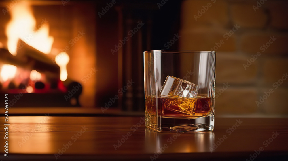 Glass of whiskey with ice cubes on a wooden table with a burning fireplace in the background. Generated AI Glass of whiskey with ice cubes on a wooden table with a burning fireplace in the background. Generated AI