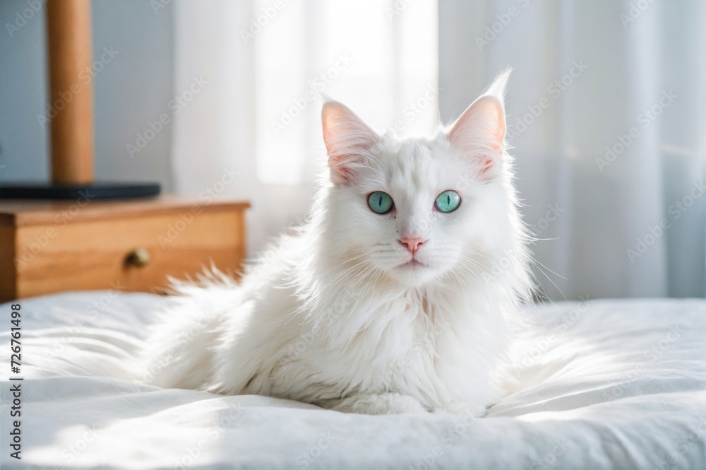 White cat with blue eyes. Turkish angora. One kitten with blue eyes lies on white bed. Adorable domestic pets, heterochromia.
