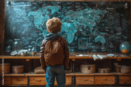 A curious child stands indoors, gazing at a map on a chalkboard, clad in a jacket and jeans