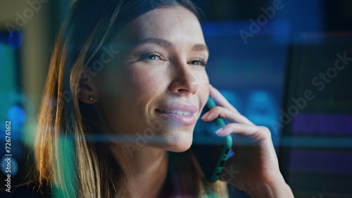 Sales manager calling cell in data reflection closeup. Happy stock market trader