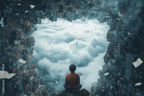 Person overlooking cityscape with clouds and flying papers