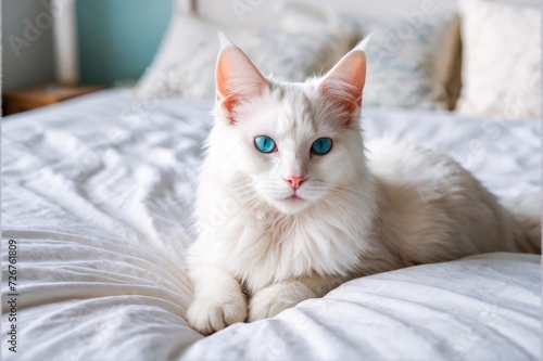 One kitten with blue eyes lies on white bed. Adorable domestic pets, heterochromia.