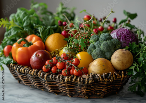 Assorted Vegetables Filling a Basket. A basket overflowing with a variety of vegetables, showcasing the vibrant colors and diversity of produce.