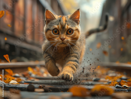 Cat Running on Train Track. A cat is energetically running on a train track while exhibiting agility and speed.