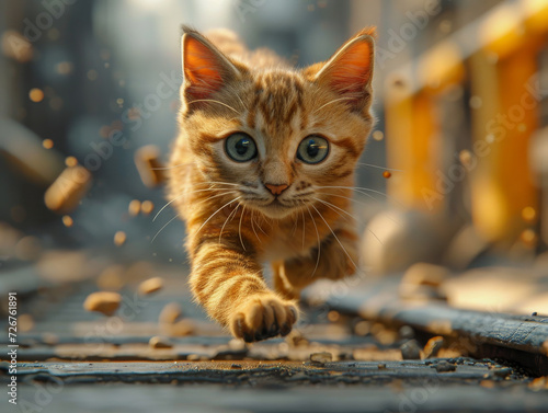 Small Kitten Running on the Ground. A small and energetic kitten is running swiftly on the ground.