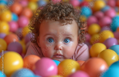 Baby Laying in Ball Pit With Numerous Balls. A baby is seen laying in a ball pit filled with a multitude of colorful balls.