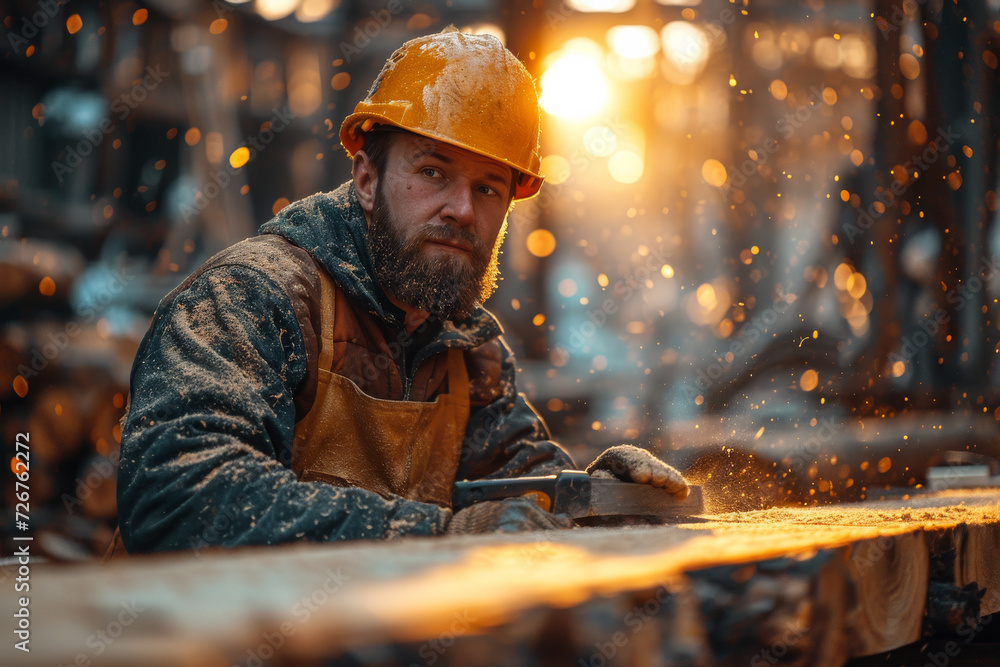 Man in Hard Hat Working on Piece of Wood. A skilled man in a hard hat concentrates as he works on shaping a piece of wood. Man in Hard Hat Working on Piece of Wood. A skilled man in a hard hat concentrates as he works on shaping a piece of wood.