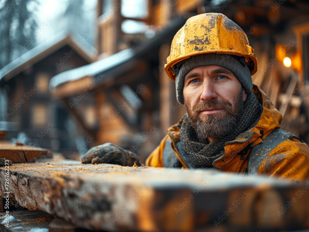 Man Wearing Hard Hat and Yellow Jacket. A man wearing a hard hat and a yellow jacket stands in a construction site Man Wearing Hard Hat and Yellow Jacket. A man wearing a hard hat and a yellow jacket stands in a construction site