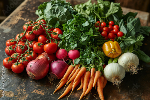 Abundant Variety of Vegetables on a Table. A table covered with an array of different types of fresh and colorful vegetables photo