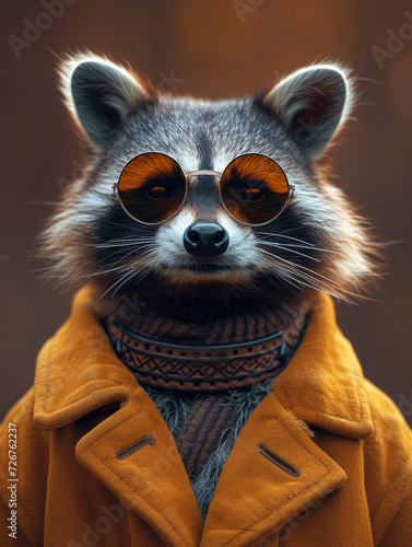 Raccoon Wearing Glasses and Coat. A raccoon dressed in a coat and glasses, looking curious and alert.