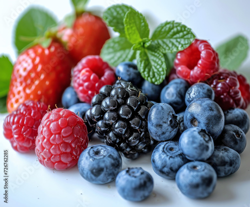 Berries, Raspberries, Blueberries and Strawberries on a White Surface. A photo showcasing a variety of berries, including raspberries on a white surface.