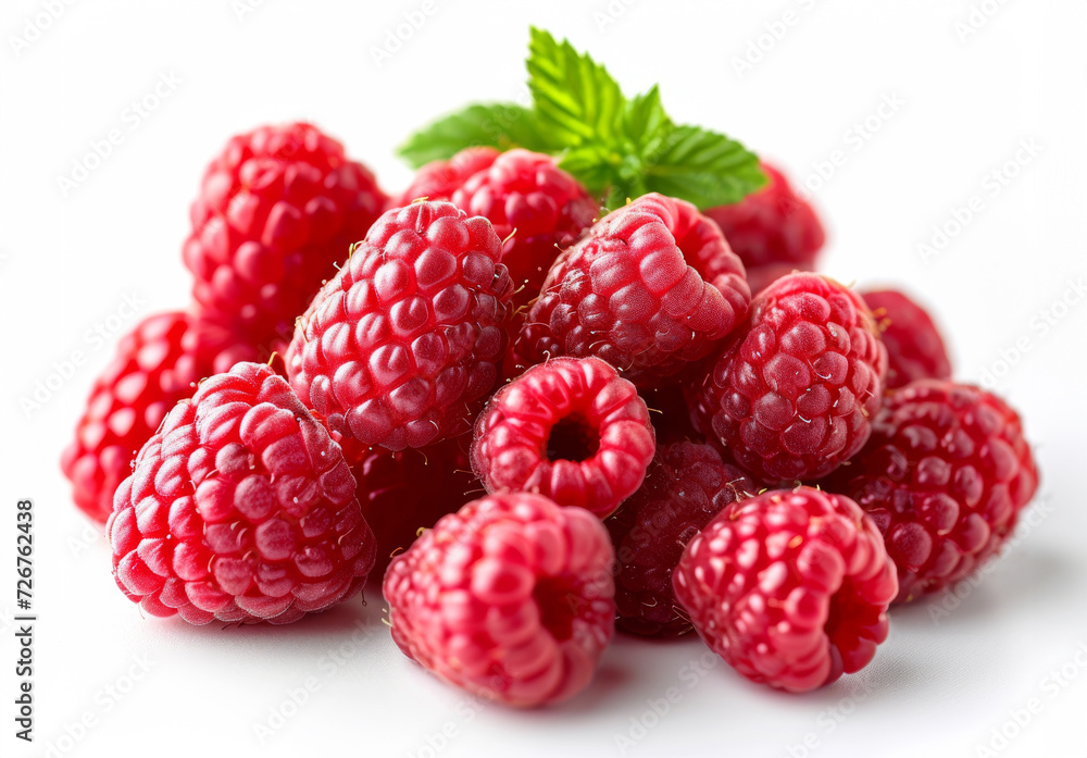 A Pile of Raspberries With a Leaf on Top. A pile of fresh, ripe raspberries with a vibrant green leaf resting on the top. A Pile of Raspberries With a Leaf on Top. A pile of fresh, ripe raspberries with a vibrant green leaf resting on the top.