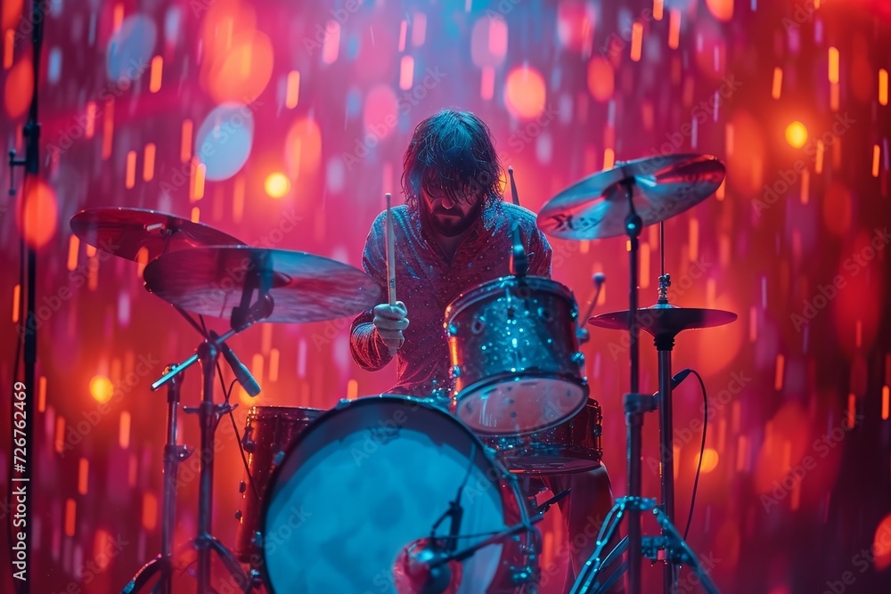 A skilled musician captivates the audience with a thunderous performance on his drum set at a high-energy rock concert A skilled musician captivates the audience with a thunderous performance on his drum set at a high-energy rock concert