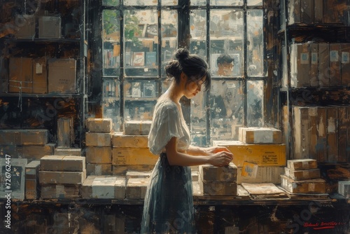 A stylish woman gazes out of an indoor window, her clothing and the building behind her reflecting her strong and confident personality, while a small box on the windowsill hints at a hidden treasure