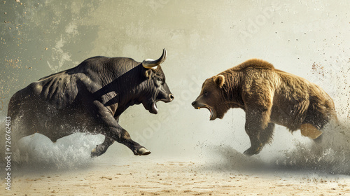 A bull and bear fighting. Stock market price trends bullish or bearish trading