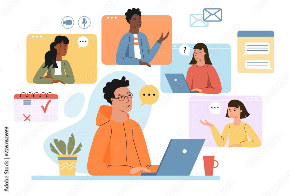 Young man on online meeting, video conference working on a laptop with colleagues or friends. Desktop team chatting vector illustration. Young man on online meeting, video conference working on a laptop with colleagues or friends. Desktop team chatting vector illustration.
