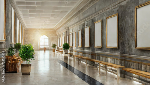 Interior of a contemporary gallery with blank  white mock up posters on a concrete wall. a museum idea.