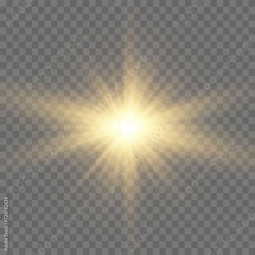 Bright Star. Transparent shining sun, bright flash. Sparks glitter special light effect. Sparkling magic dust particles. Vector sparkles.