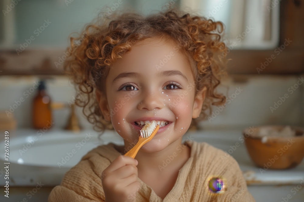 A young girl brushes her teeth with a toothbrush in her hand, standing in front of a wall covered in tools and utensils, with a spoon in her mouth as she tries to mimic her parents' actions A young girl brushes her teeth with a toothbrush in her hand, standing in front of a wall covered in tools and utensils, with a spoon in her mouth as she tries to mimic her parents' actions