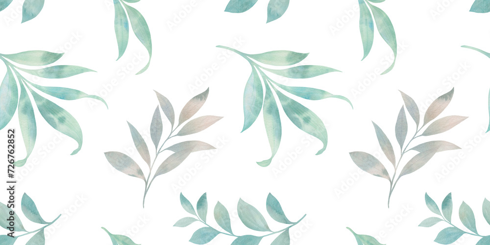 Abstract green seamless pattern with leaves. Raster illustration. branches with leaves on a white background. seamless background
